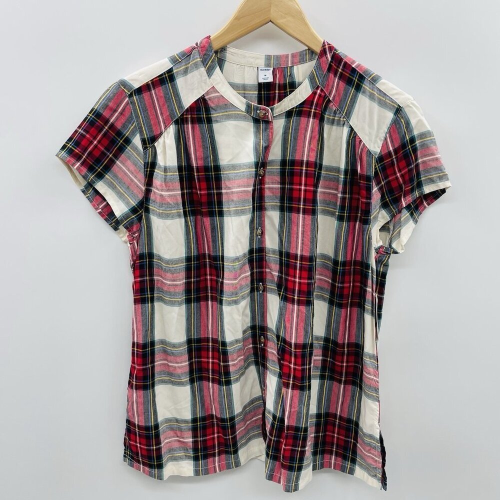 Old Navy Womens Size Medium Short Sleeve White/Red Plaid Button‎ Down Shirt 535